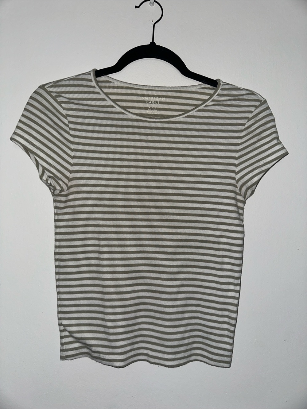American Eagle Outfitters Olive and White Striped Short-Sleeve Tee